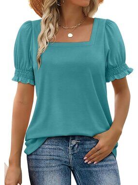 Women's 1 Blue Square Neck Top Summer Casual Outfit Ruffle Trim Sleeve T Shirt